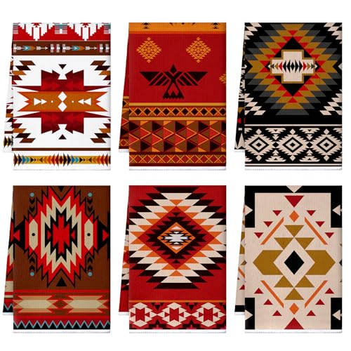Image of Bencailor 6 Pcs Aztec Kitchen Towels Decorative Sets Dish Towels Absorbent Fast Drying Hand Tea Vintage Hanging Reusable Cleaning Dishcloths for Cooking Farmhouse Bathroom Accessory