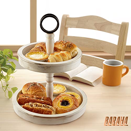 Rabaha 2 Tier Tray Stand Wood Farmhouse Decor - Two Tiered Decorative Tray Stand Wooden - 2 Table Kitchen Tray Rustic With Metal Round. Cake Stand, Cupcake, Cookie, Food And Party Display (White) #TOP5