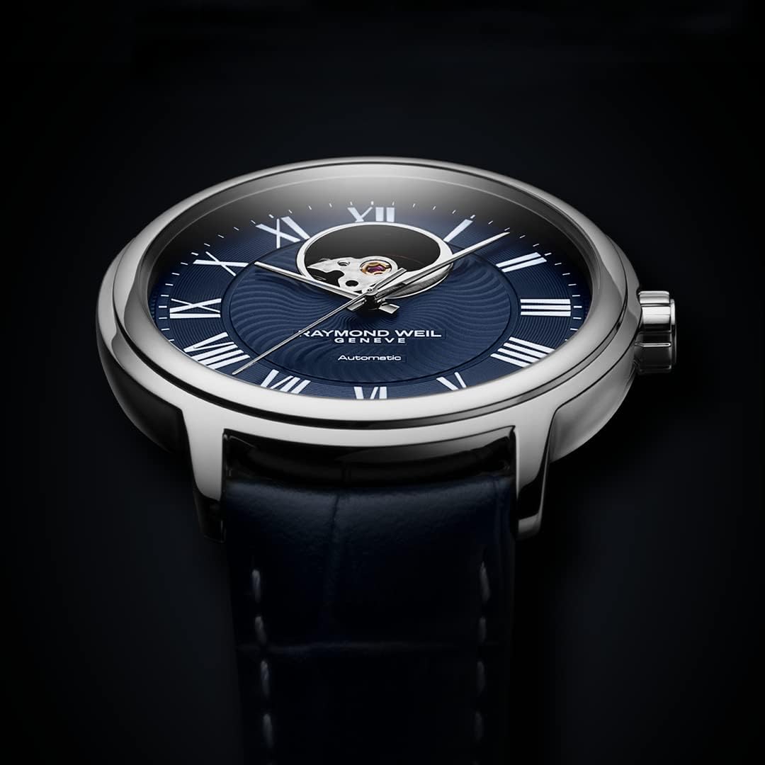 Raymond Weil Maestro Blues Men Visible Balance Wheel Automatic Watch, Blue Dial, Roman Numerals, Blue Leather Strap, 39.5 mm (Model: 2227-STC-00508)