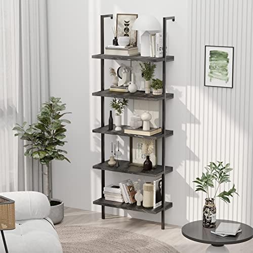 Bevfint 5-Tier Industrial Ladder Shelf Rustic Wall Mounted Metal Frame Bookshelf, Multi-Use Open Shelf for Storage Organizer Plants Rack for Office and Home, Living Room, Bedroom - Black Marble Board