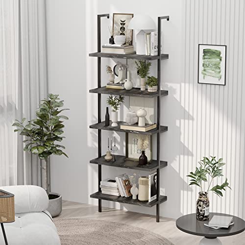Bevfint 5-Tier Industrial Ladder Shelf Rustic Wall Mounted Metal Frame Bookshelf, Multi-Use Open Shelf For Storage Organizer Plants Rack For Office And Home, Living Room, Bedroom - Black Marble Board #TOP3