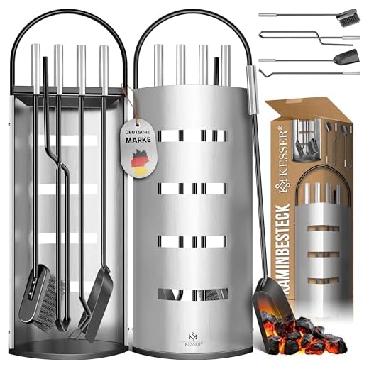 KESSER® Juego de chimenea de 5 piezas diseño moderno, revestido, juego de chimenea de alta calidad compuesto por 5 piezas: escoba, pala, atizador, pinzas Plateado