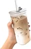 WPNCYK High Borosilicate Glass Cup with Lid and Straw, 16oz Iced Coffee Tumbler, Reusable Clear Smoothie Cup, Leakproof Glass Tumbler with Straw and Lid, Portable Drinking Glass for Cold Beverages