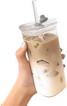 WPNCYK High Borosilicate Glass Cup with Lid and Straw, 16oz Iced Coffee Tumbler, Reusable Clear Smoothie Cup, Leakproof Glass Tumbler with Straw and Lid, Portable Drinking Glass for Cold Beverages