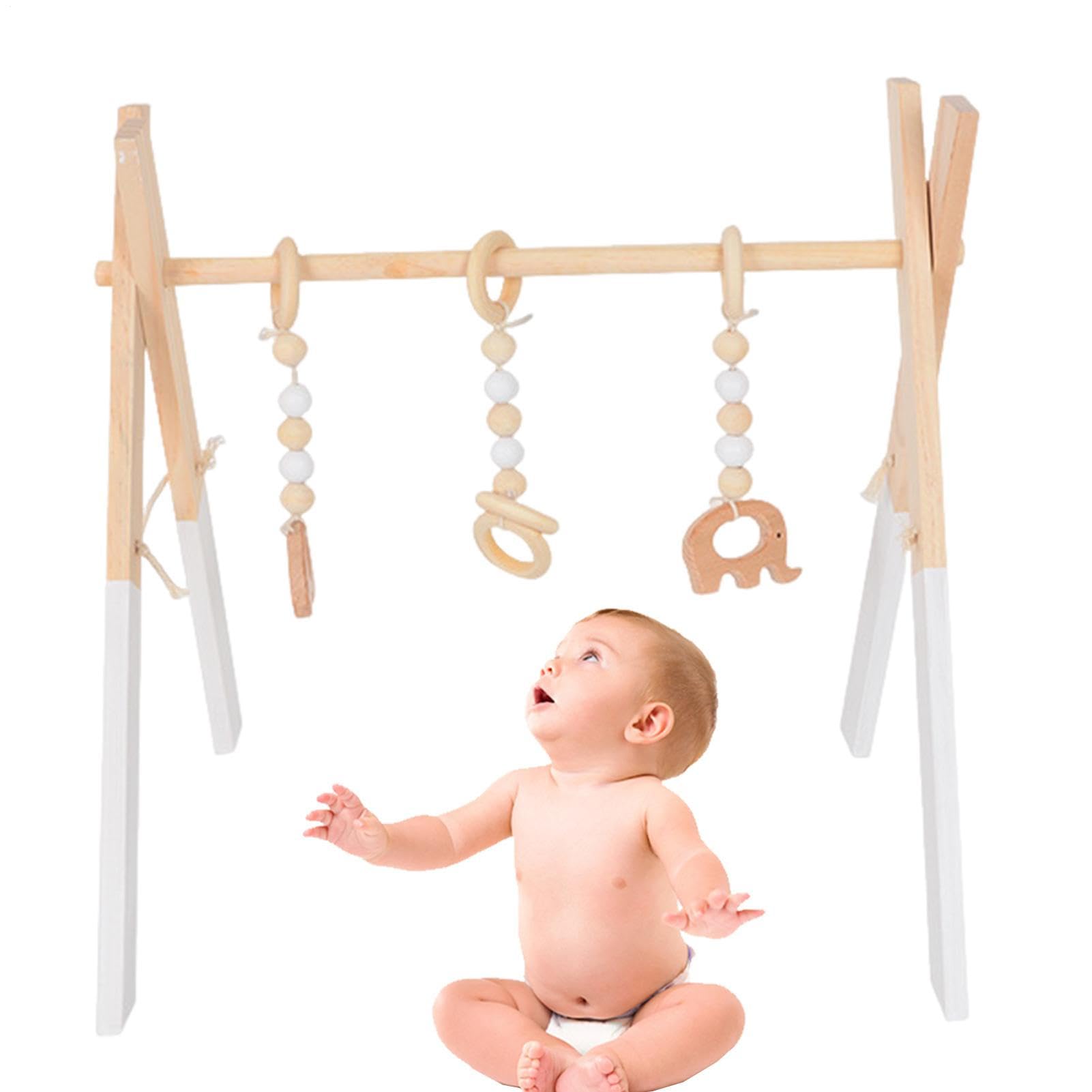 Gym En Bois, Portique D'Activités Pour Bébé Avec 3 Pendentifs, Jouet De Gymnastique Pliable, D'apprentissage Pour Nouveau-nés Centre D'Activité Pliable D'éveil Cadeau De Naissance