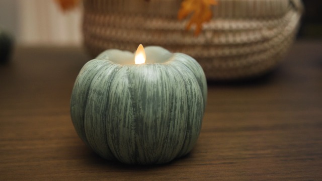Image of Luminara Pumpkin Figural Flameless Flickering Moving Flame LED Candle (5.25 inch x 4.5 inch), Smooth Real Unscented Wax, Time Function (Iceberg Green)