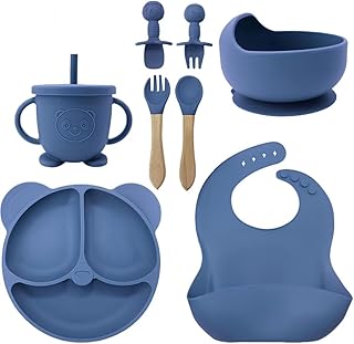 食器セット 8点セット お食事プレート ボウル ひっくり返らない 赤ちゃん 離乳食 吸盤付き ベビー食器 人気 出産祝い スプーン＆フォーク お食事エプロン (ネイビー)