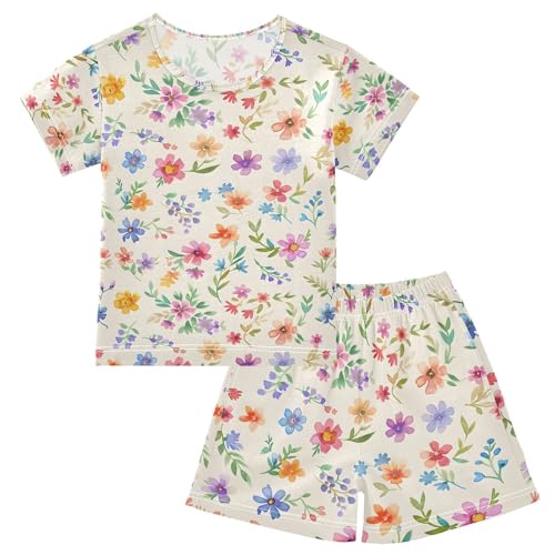 ALAZA Sweet Flower Floral Pajamas Set Short Sleeve Cotton Sleepwear Summer Pjs 2 Piece 5-14Y