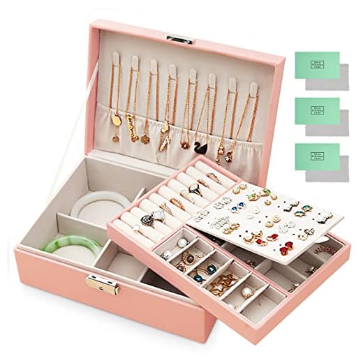 JOTOL Boîte à Bijoux,Coffret à Bijoux 2 Couches,Rangement Bijoux Verrouillable avec Clef,Boite à Bijoux pour Ranger Bagues/Colliers/Montres,Y compris 3 chiffons de polissage d'argent,Rose