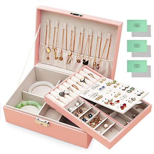 JOTOL Caja Joyero,Joyeros Mujer Organizador,2 Niveles Organizador de Joyería con Cerradura para Mujeres Niñas,para Anillos,Pendientes,Collares,Relojes,Rosado