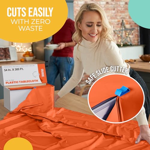 Image of Exquisite Party Solids 54 Inch X 300 Feet Orange Plastic Table Cover Roll in A Cut - to - Size Box with Convenient Slide Cutter. Cuts Up to 36 Rectangle 8 Feet Plastic Disposable Tablecloths