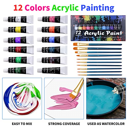 Kalysky 47Pcs Kids Paint Set,Canvas Painting Kits For Kids Ages 4-8,8-12,Acrylic Paint Art Supplies For Kids 9-12 With 12 Paints, 5 Canvas Panels, 18Pcs Drawing Paper,10 Brushes, Table Easel #TOP2