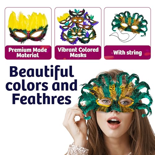 Bedwina Mardi Gras Masks - (Pack of 50) Bulk Carnival Masquerade Mask Costume Party Supplies, Feather Mardi Gras Decorations for Women, Men and Kids