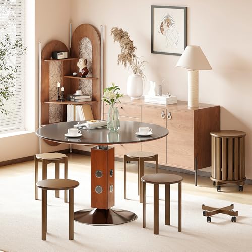 Welfuturer Stapelbare Bambus Hocker mit Rollen,4-in-1 Set Stapelhocker, Beistelltisch & Sitzhocker,46 cm Höhe Esszimmerstühle,ohne Montage für Küche Wohnzimmer Schlafzimmer,Walnuss