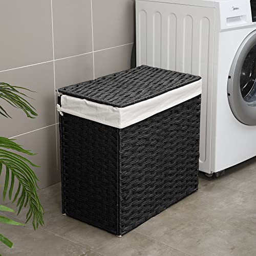 Laundry Hamper With Lid Handwoven Synthetic Rattan Wicker Basket Sorter For Clothes With Double Removable Liner Bags #TOP2