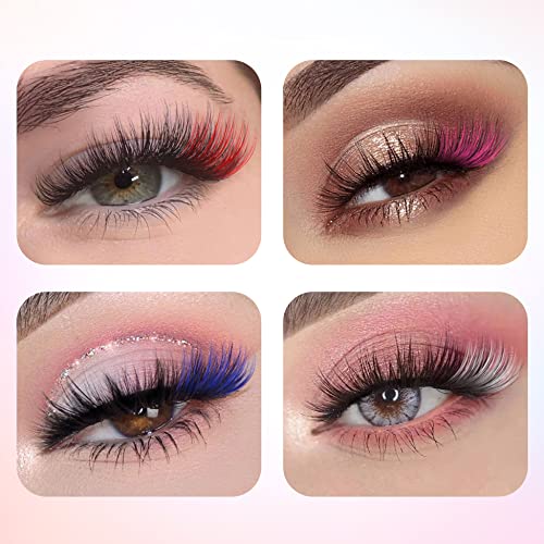 Colored Lash Clusters Mixed Lengths Clear Band Wispy Fluffy Diy Eyelash Extension Individual Lashes 64 Pcs Pack 4 Colors Pink White Blue Red For Daily Halloween #TOP4
