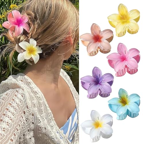 Image of 6pcs Claw Clips Elegant Hawaiian Flower Hair Claw Clips - Large, Non-Slip, Strong Hold For Thick & Thin Hair - Vintage Style Flower Clips For Women
