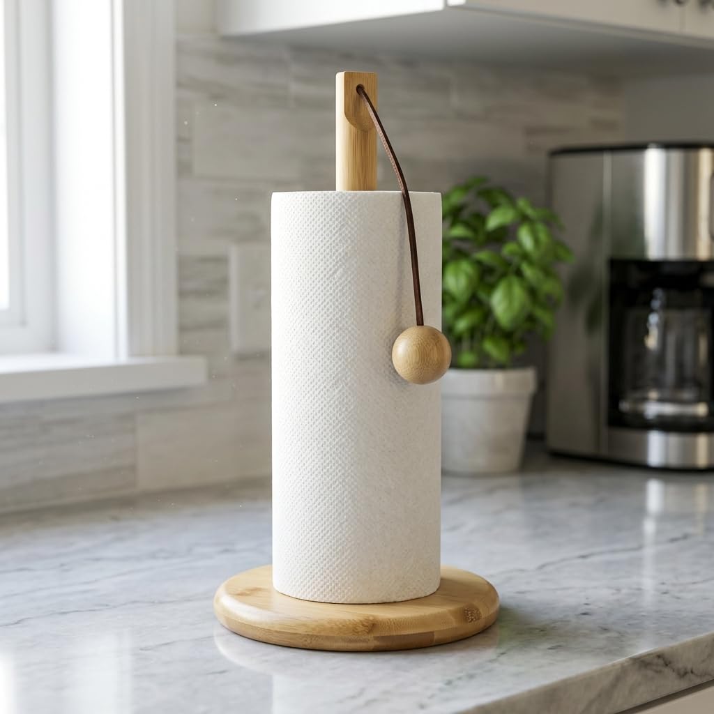 Deconox Doğal Bambu Bohem Top Tutacaklı Kağıt Havluluk - Dekoratif Ahşap Stand (30x14 cm, Kahve ve Bambu Renk Seçenekli, 1 Adet) (DOĞAL)