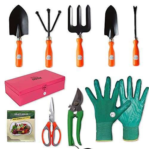 Kraft Seeds Combo Gardening Tools -10 Pcs | Gardening Tools Set with Heavy Gardening Scissors and Re-usable Hand Gloves | Gardening Tools Kit for Home Garden | Storage Box Gifts for Home and Garden
