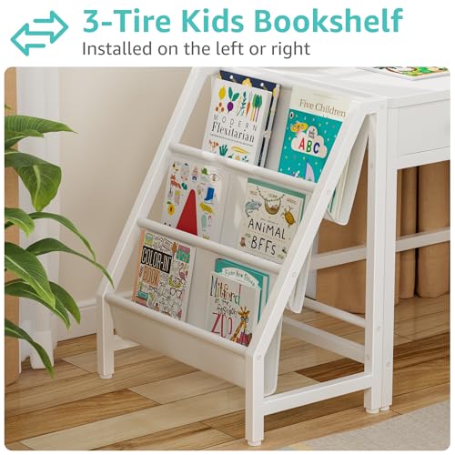 MomZi White Kids Desk and Chair Set for 5-8 Year Old Girls Boys, Small Child Desk with Bookshelf, Children Study Table with Fabric Drawer and Storage by MomZi - Used condition - Image 3