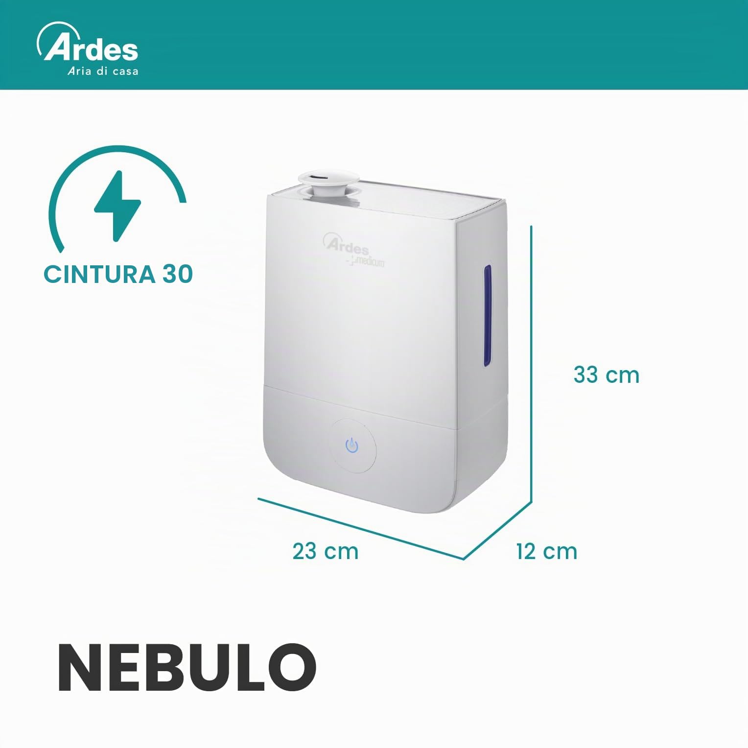ARDES AR8U10 Humidificador de Ultrasonido NEBULO 30W, Humidificador Profesional Ambientes Casa Oficina Capacidad 4 Litros, 3 Niveles de Vapor con Gran Mando Táctil, Silencioso y Elegante, Blanco