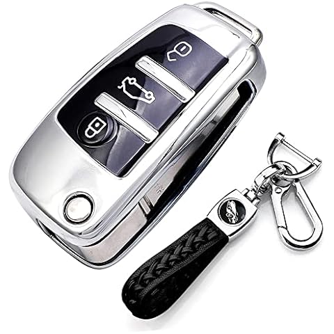 RXXR Car Key Case Cover Compatible with Audi, A1 S1 A3 S3 RS3 A4 S4 RS4 A6 S6 RS6 Q2 Q3 Q7 TT TTS R8 Flip Key Case Remote Protector 3 Button Car Key Fob Cover with Leather Key Ring Cover