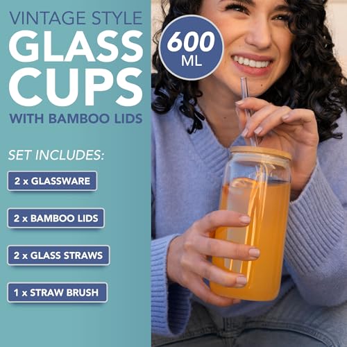 Bicchieri di vetro con coperchio e cannucce, confezione da 2 bicchieri vuoti da 600 ml con coperchi ermetici in bambù, cannucce di vetro e spazzola per la pulizia della cannuccia, bicchieri da - immagine 4