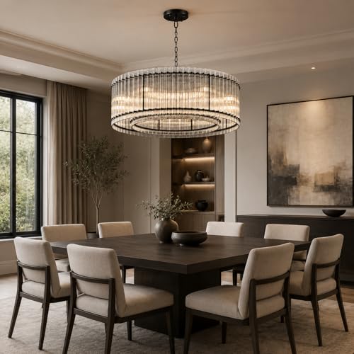 Image of 48-Inch Ripple Glass Chandelier, 2-Tier 10-Light Large Black Round Chandelier for Dining Rooms, Living Rooms, Foyers, Staircases, Open-Concept Spaces & High Ceiling