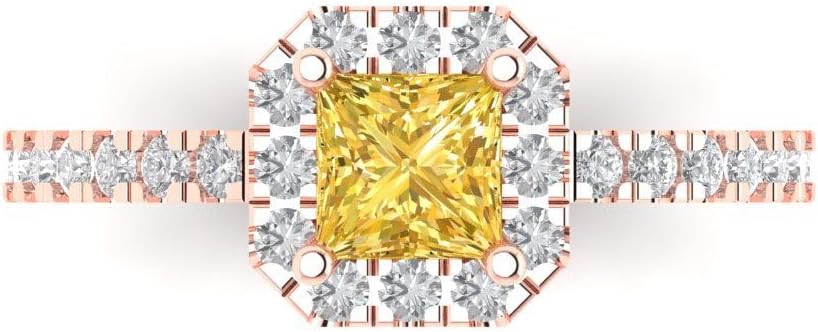 Clara Pucci 14K Solid Gold Engagement Ring for Women | 0.89 cttw Yellow Diamond Princess Cut Halo | Real Rose Gold Wedding Ring