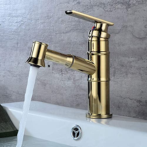 洗面用蛇口 引き出し式 ゴールド バスルーム SXSLTSA クレーン銅製 ブラックミキサータップ 温水・冷水 デッキマウント アンティーク調蛇口