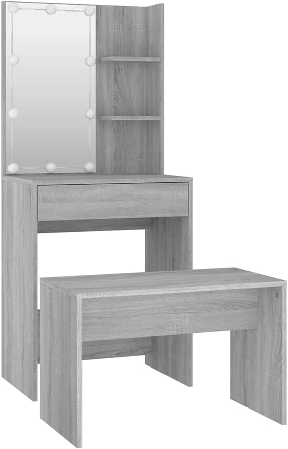 Dressing Table Set with LED Grey Sonoma Engineered Wood,Dressing Table with LED Lights, Vanity Table with Brightness Mirror, Makeup Desk with Drawers and Open shelves, Wooden Modern Bedroom Dres