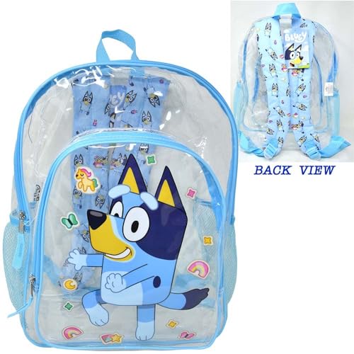 Fast Forward Bluey 16” Clear Backpack for Kids – Transparent School Bag with Bluey Graphics & 2 Mesh Side Pockets – Lightweight & Durable for School or Events, BLTR2