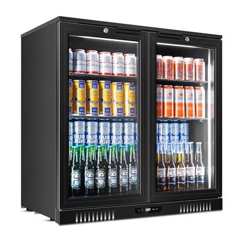 Image of Tylza Back Bar Cooler 2 Door 216 Can Black | built-in /free, fast cool, temp memory, 2 locks, LED, low-e glass