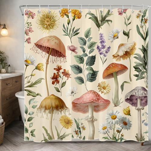 DEMCEAR Vintage Floral Mushroom Shower Curtain Beige 72W X 72L inches