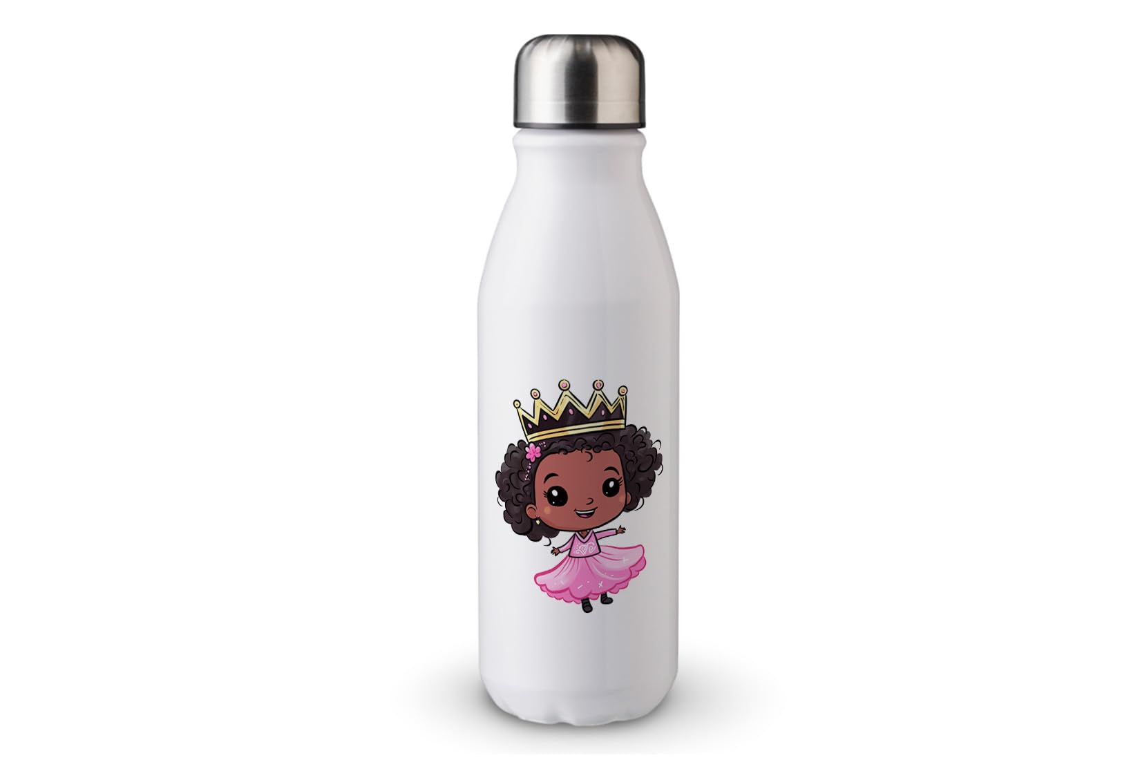 MAXIKIWI - Single Wall Water Drinking Bottle with Screw Cap, Non Insulated Lightweight Aluminium, BPA Free, Leak-Proof - Cute Princess With Tiara - 500ml
