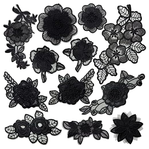12 Pieces Flower Lace Embroidered Applique 3D Floral Sew On Patches for Clothes Repairing Decorating Wedding Dress DIY Sewing Craft (Black)
