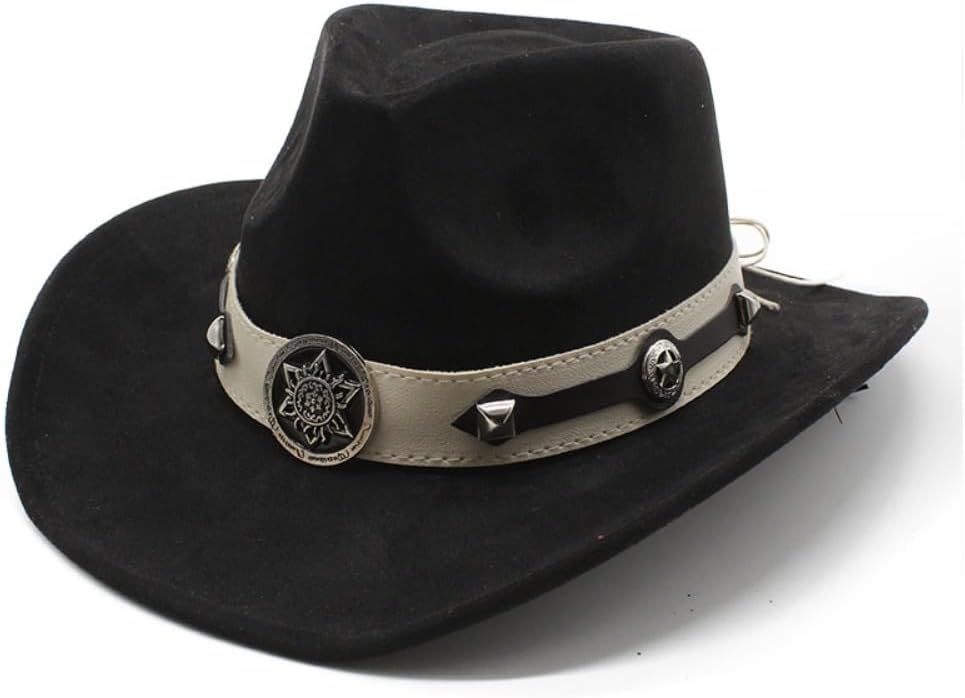 Western Cowboy Hat with Metal Spike Studs, Black Faux Suede, Wide Brim, Unisex Adult, Classic Style