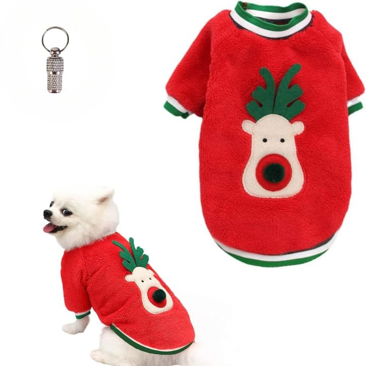 PETSARY Dog Christmas Sweater and 1 Pcs Pet Id Tag Gift - Holiday Cloth Pop Up Reindeer Flannel Elk - Breathable Costume Cat Fighting Dog Outfit - 3D Eve Pajamas Elk Designed Jumper Suit (Red, Large)
