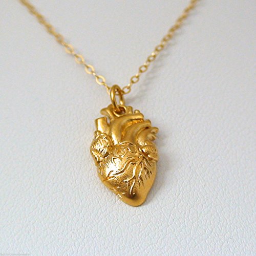 Fashionjunkie4Life 24K Gold Plated Sterling Silver Anatomical Heart Charm Necklace, 18" #TOP2