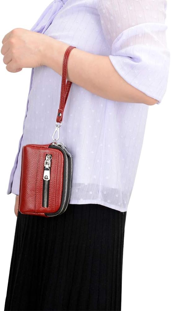 Coin Purse for Women Genuine Leather Small Triple Zipper Coin Wallet Pouch with Removable Wristlet Strap
