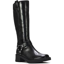 ESSEX GLAM Women's Knee High Boots Ladies Synthetic Leather Chunky Square Toe Western Harness Riding Biker Size 3-8