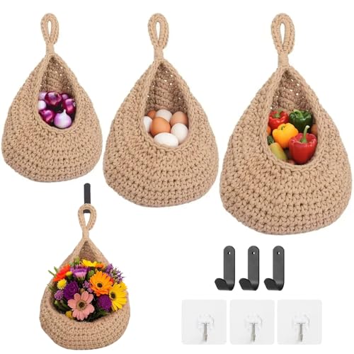 ShellKingdom Wall Hanging Baskets for Kitchen, 3 Pack Boho Handwoven Storage Teardrop Home Decorative Basket with 6PCS Hooks for Fruits, Vegetable, Potato, Egg Storage, 3 Size (Linen)