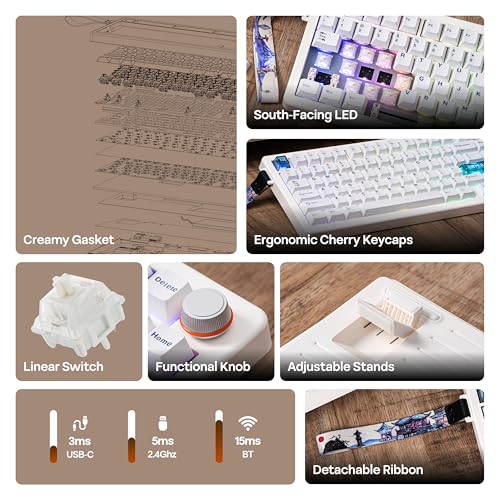 Image of MechLands CIDOO QK75 VIA Programmable 75% Compact Keyboard, USB-C /BT5.0 /2.4Ghz Wireless, Hot Swappable Custom Mechanical Keyboard with Gasket Mounted, PC Plate, 4000mAh Battery for Win /Mac (White)