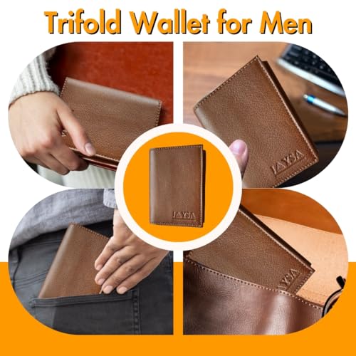 Jaysa Turkish Leather Trifold Wallets for men | Mens Trifold Leather Wallet with ID Window | Large Capacity | Genuine Lether tri fold wallet for men | Woody Tan4