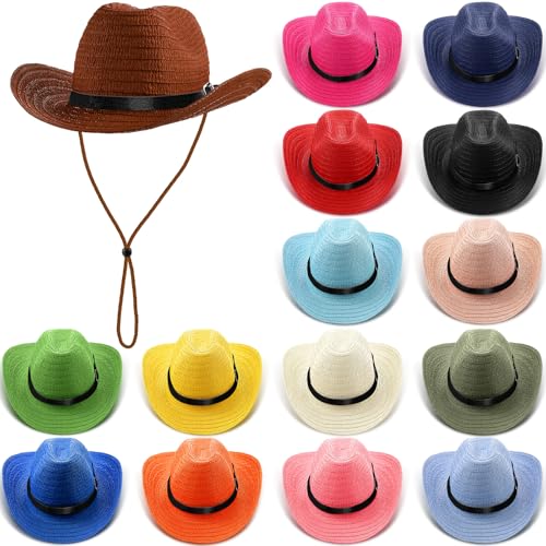 Image of Suhine 15 Pcs Straw Cowboy Hat for Men Women Colorful Western Hat Bulk Sun Protection Large Brim Cowgirl for Summer Seaside