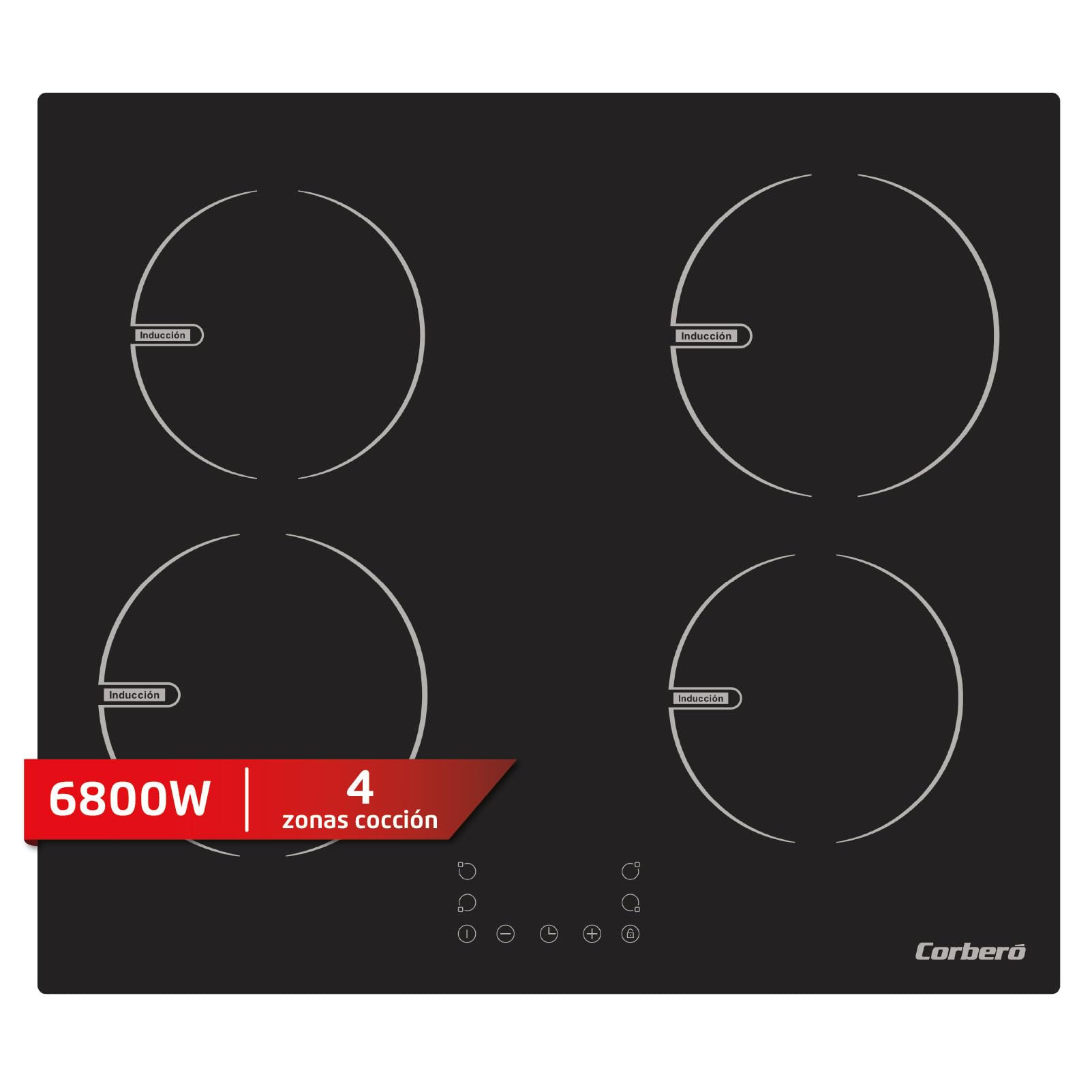Corberó - Placa de Inducción 60cm | CCIG48BF | 6800 W | 4 Zonas | Control Táctil | Temporizador 99 Min | 9 Niveles Potencia | Booster | Bloqueo Infantil | Negro