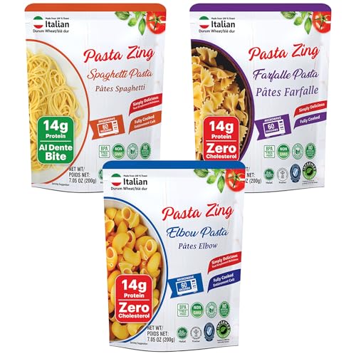 Pasta Zing Variety Pack, Fully Cooked Italian Pasta, Ready in 1 Minute, 14g Protein, Al Dente Bite, 3x Spaghetti 2x Farfalle 2x Elbow, BPA-Free Pouch, 7 Pack 7.05 oz