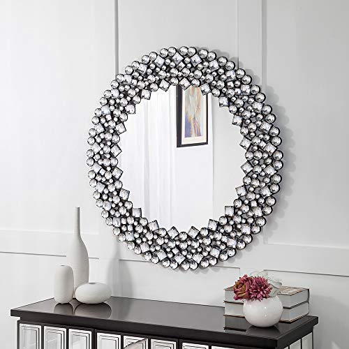 Shyfoy 35.5" Oversize Jeweled Ornate Wall Mirrors Decorative Crystal Accent Round Mirrors For Wall Home Decor, Modern Crushed Diamond Gemstone Mirror For Living Room #TOP3