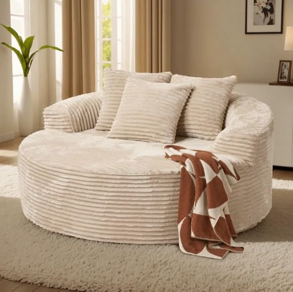 Modern Lounge Sofa Chair O-Shape Modular Couch | Oversized Round Lounge Chair with Wooden Base | Fluffy Upholstered Sleeper Lounger Sofa Chair for Living Room | Modern Circular Accent Couch (Beige)