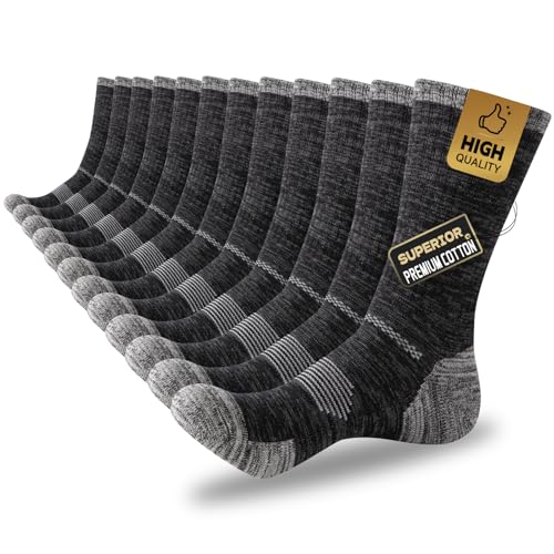 COOVAN Mens Cotton Crew Work Socks 6 Pairs Moisture Wicking Cushioned Boot Athletic Heavy Duty Socks for Hiking Running